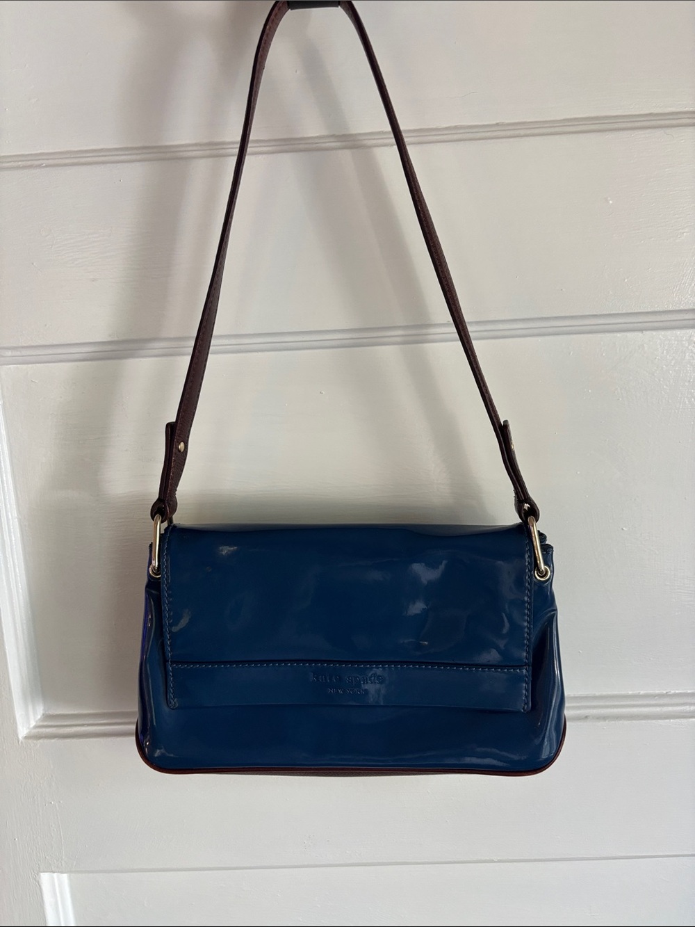 kate spade Blue Patent Leather Shoulder Bag with Brown Strap